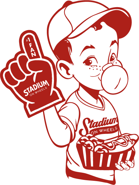 Cartoon mascot of "Stadium on Wheels" wearing a baseball cap and jersey, blowing bubble gum while holding a foam finger and popcorn. Illustrated in red monochrome style.